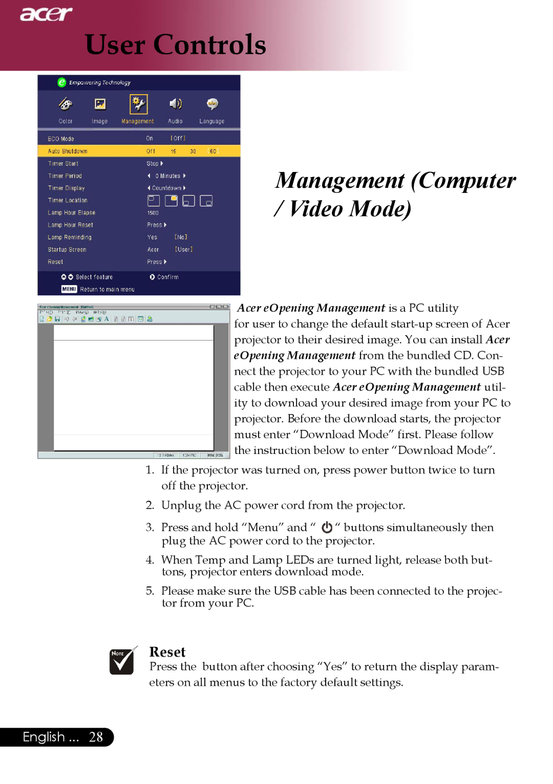 Acer Projector specifications Management Computer Video Mode, Reset 