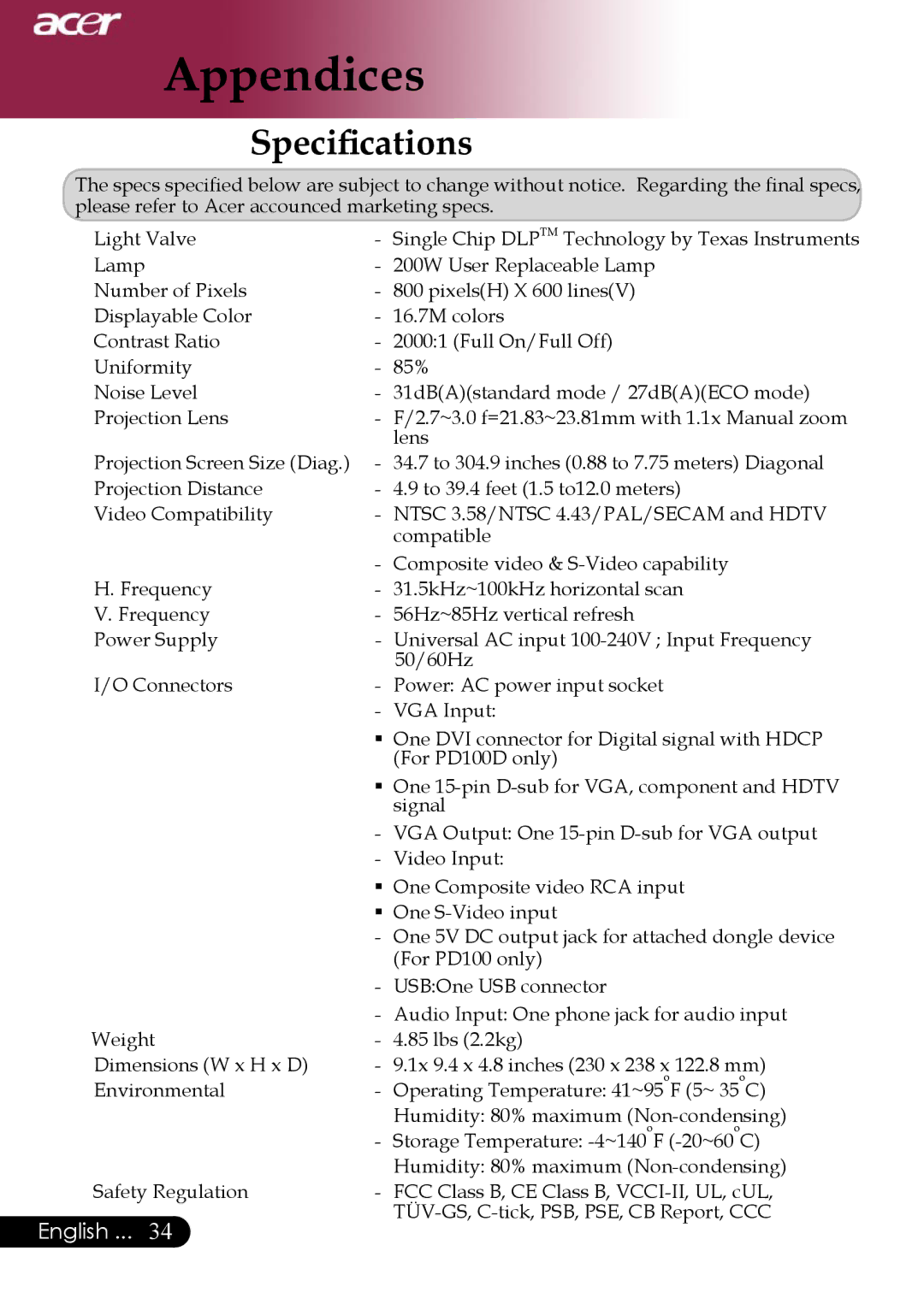 Acer Projector specifications Speciﬁcations 