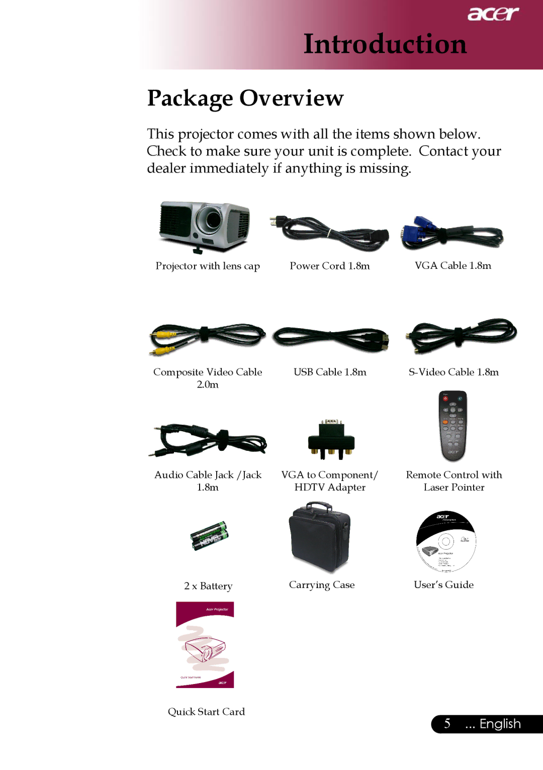 Acer Projector specifications Introduction, Package Overview 