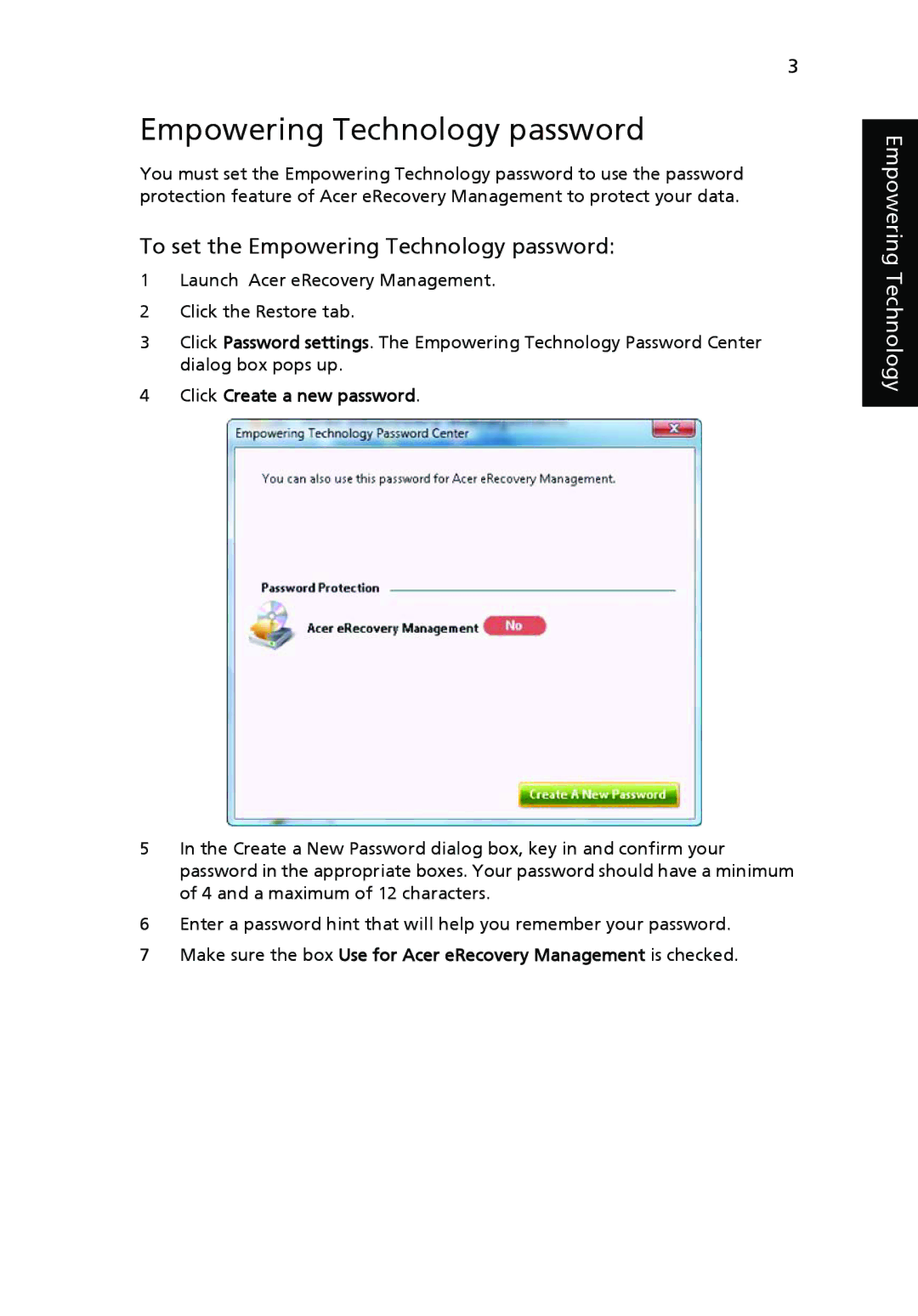 Acer PT.SHVP2.002, NU.SH3AA.007, NXM81AA018 manual To set the Empowering Technology password, Click Create a new password 