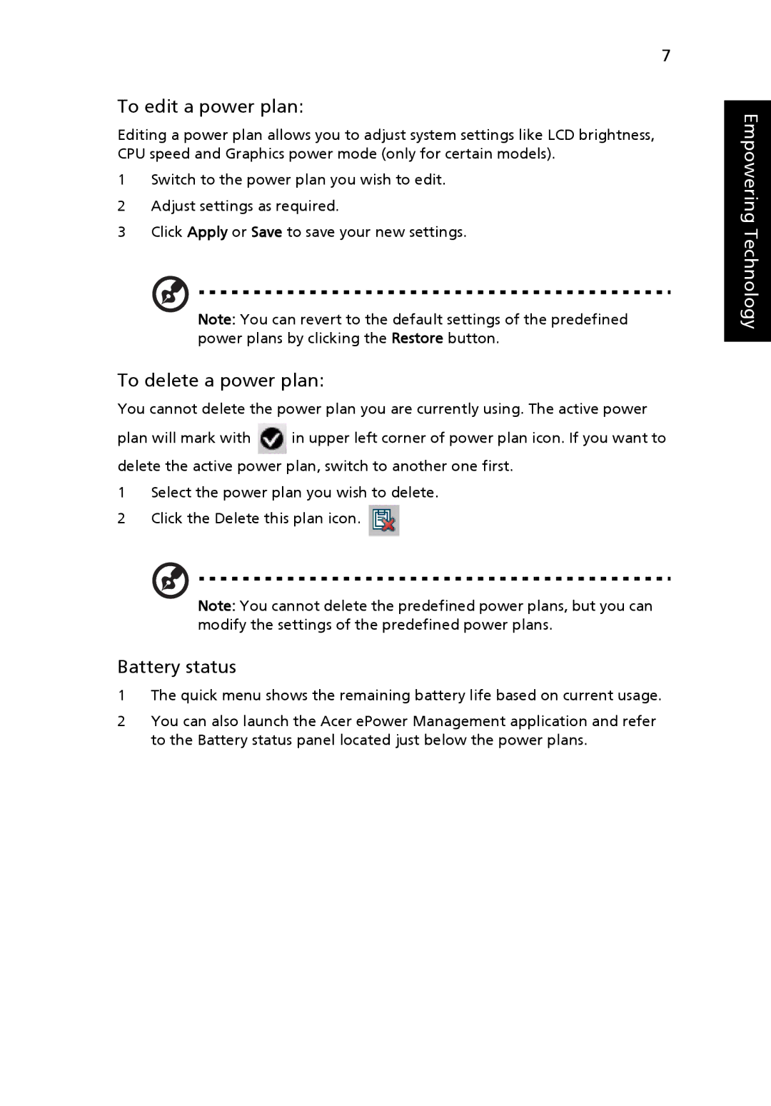 Acer NXM34AA005, PT.SHVP2.002, NU.SH3AA.007, NXM81AA018 manual To edit a power plan, To delete a power plan, Battery status 