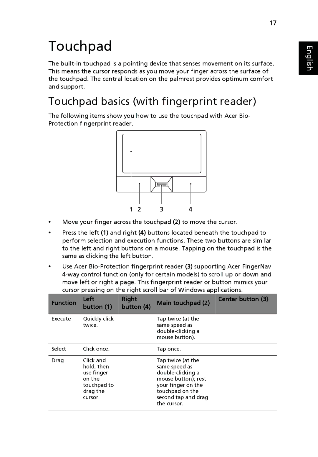 Acer PT.SHVP2.002 Touchpad basics with fingerprint reader, Function Left Right Main touchpad Center button Button 