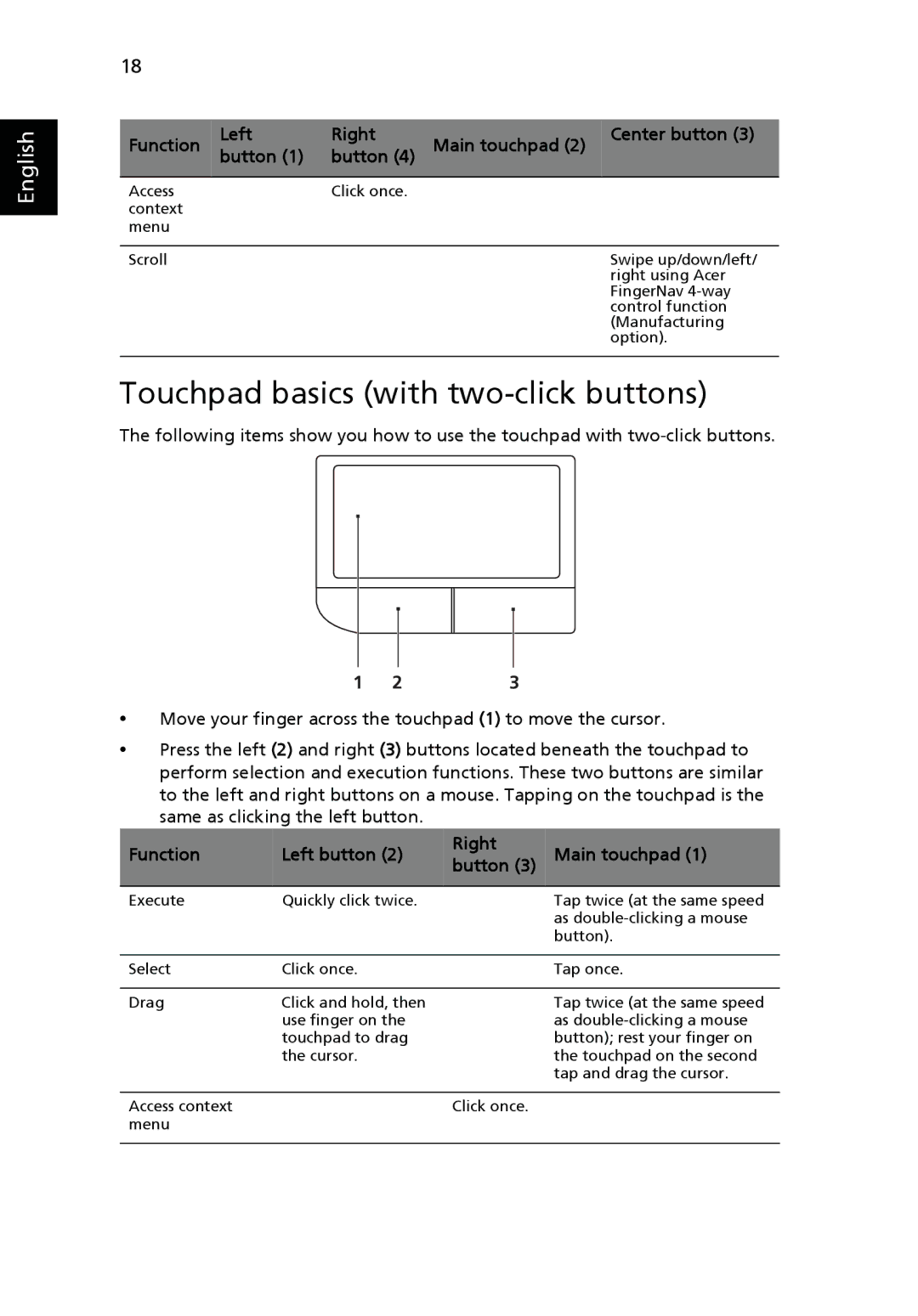 Acer NU.SH3AA.007, PT.SHVP2.002 Touchpad basics with two-click buttons, Function Left button Right Main touchpad Button 