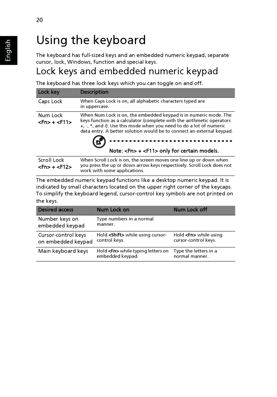 Acer NU.SH4AA.002, PT.SHVP2.002 Using the keyboard, Lock keys and embedded numeric keypad, Lock key Description, Fn + F11 