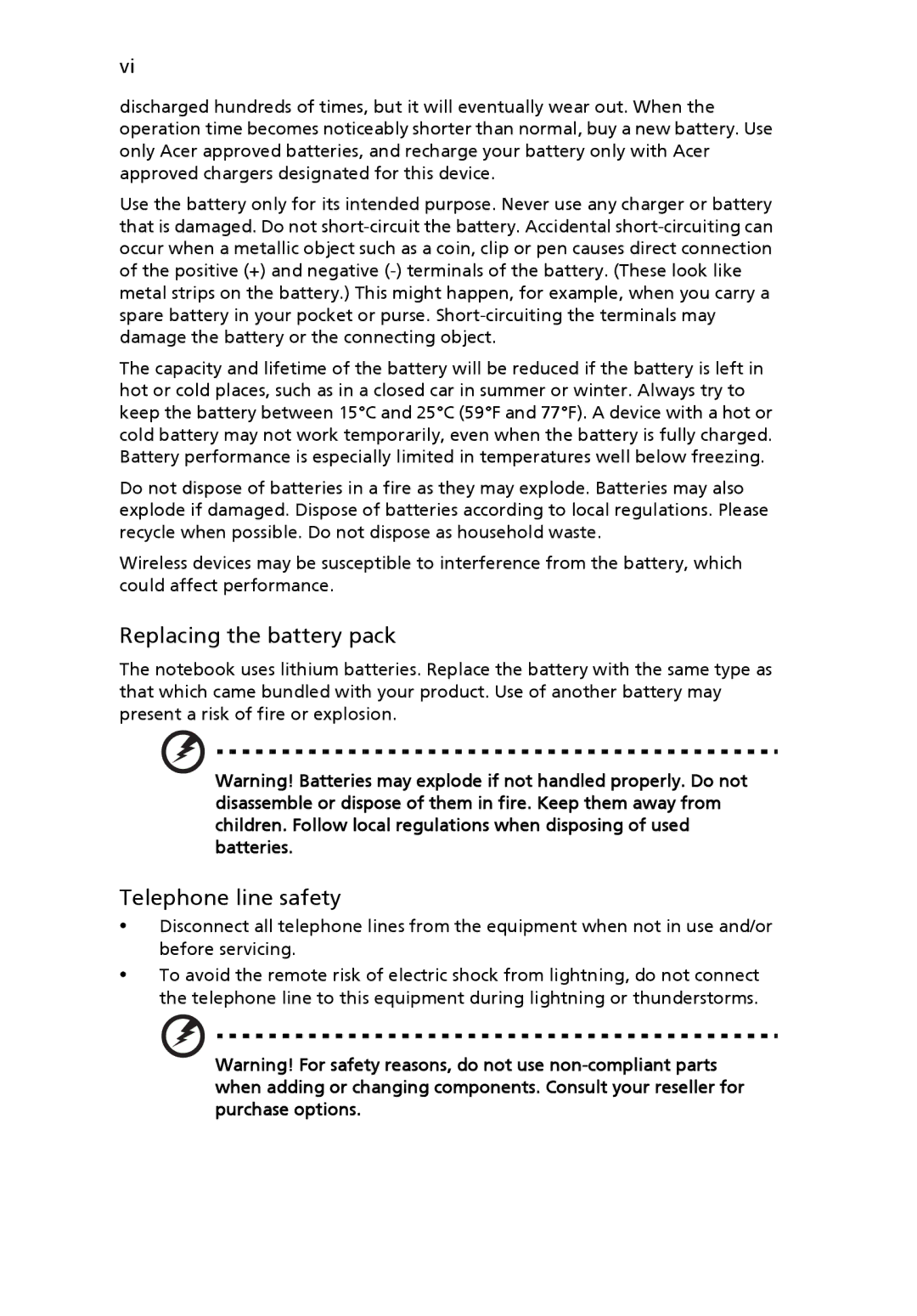 Acer V5-571-6499, PT.SHVP2.002, NU.SH3AA.007, NXM81AA018, NU.SH4AA.002 manual Replacing the battery pack Telephone line safety 