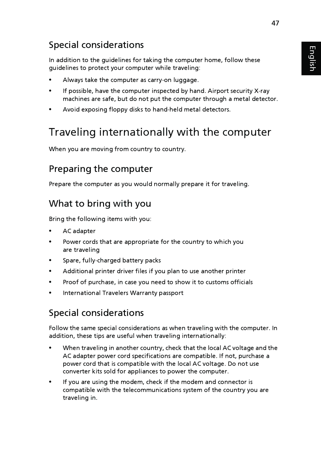 Acer NXM81AA018, PT.SHVP2.002, NU.SH3AA.007, NXM34AA005 Traveling internationally with the computer, What to bring with you 