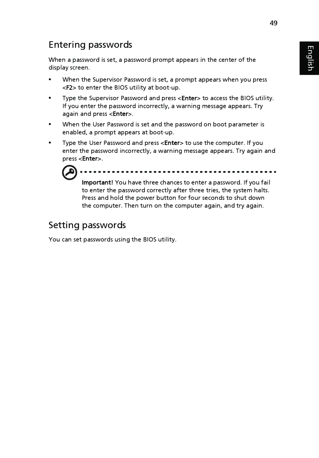 Acer NXM34AA005, PT.SHVP2.002, NU.SH3AA.007, NXM81AA018, NU.SH4AA.002, LX.ASR0X.106 manual Entering passwords, Setting passwords 