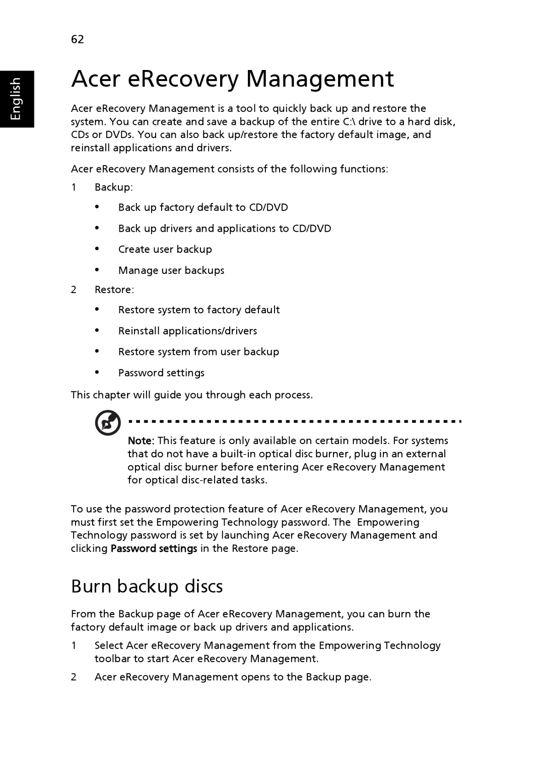 Acer NU.SH4AA.002, PT.SHVP2.002, NU.SH3AA.007, NXM81AA018, NXM34AA005 manual Acer eRecovery Management, Burn backup discs 