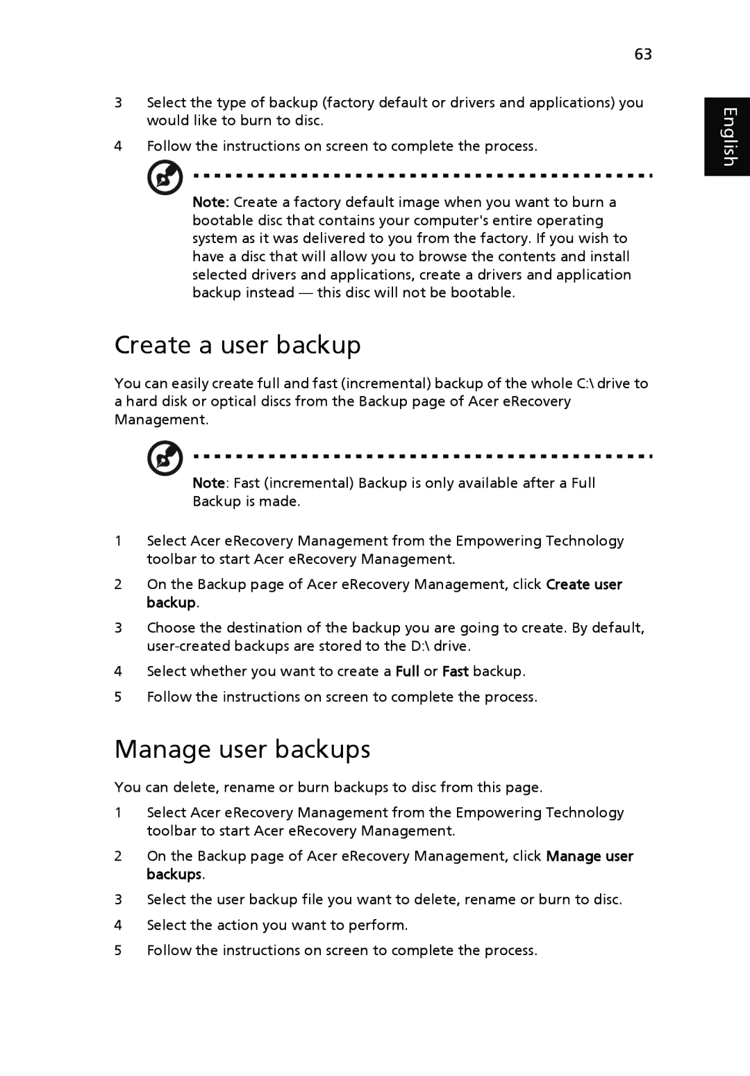 Acer NXM34AA005, PT.SHVP2.002, NU.SH3AA.007, NXM81AA018, NU.SH4AA.002, LX.ASR0X.106 Create a user backup, Manage user backups 