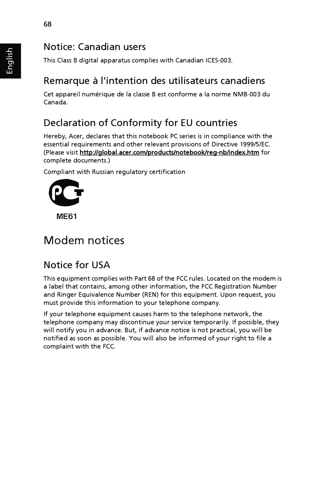 Acer NXM81AA018, PT.SHVP2.002, NU.SH3AA.007, NU.SH4AA.002 Modem notices, Remarque à lintention des utilisateurs canadiens 