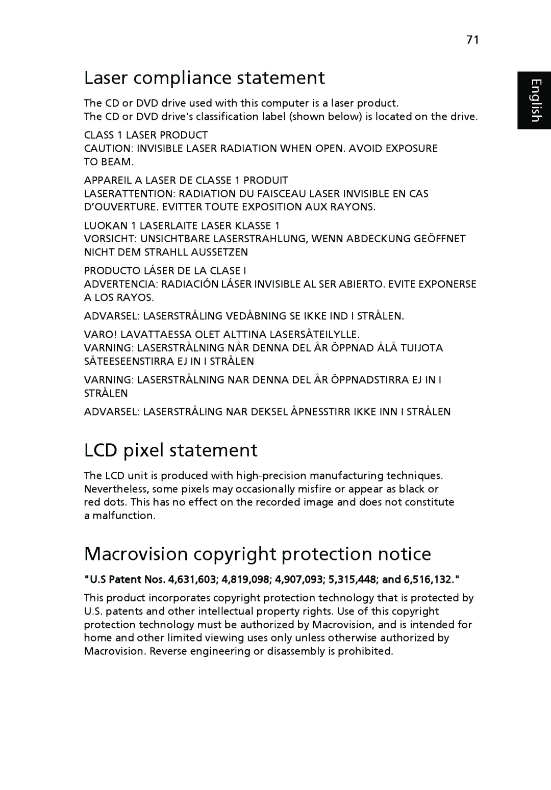 Acer LX.ASR0X.106, PT.SHVP2.002 Laser compliance statement, LCD pixel statement, Macrovision copyright protection notice 