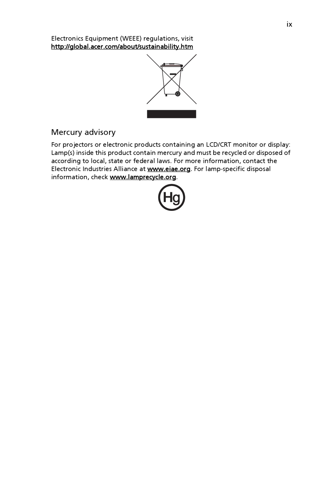 Acer NXM81AA018, PT.SHVP2.002, NU.SH3AA.007, NU.SH4AA.002, NXM34AA005, LX.ASR0X.106, V5-571-6499 manual Mercury advisory 