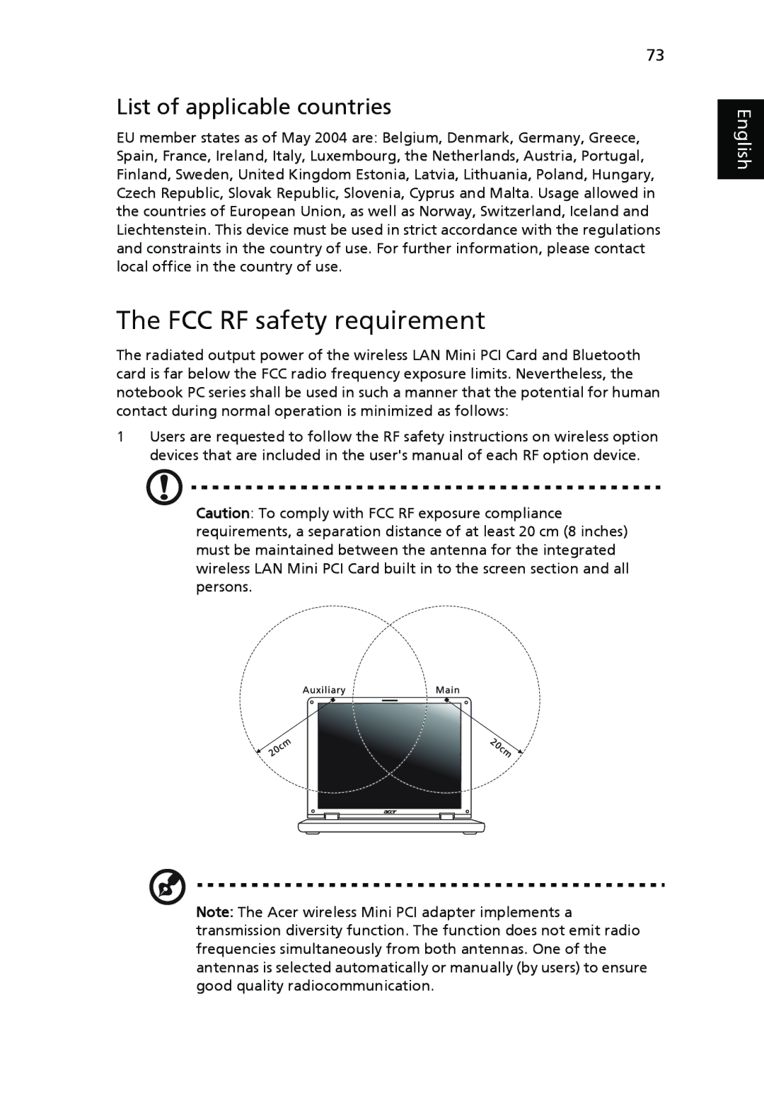 Acer PT.SHVP2.002, NU.SH3AA.007, NXM81AA018, NU.SH4AA.002, NXM34AA005 FCC RF safety requirement, List of applicable countries 