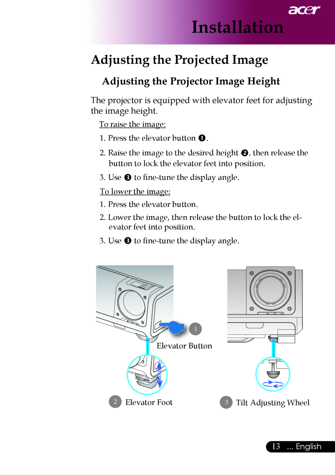 Acer PW730 manual Adjusting the Projected Image, Adjusting the Projector Image Height 