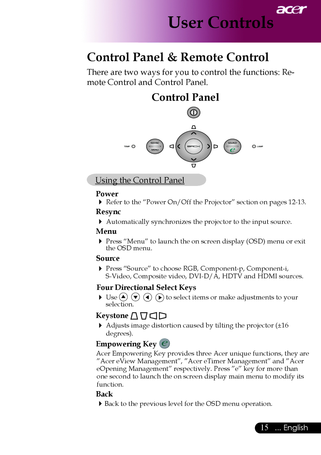 Acer PW730 manual Control Panel & Remote Control 