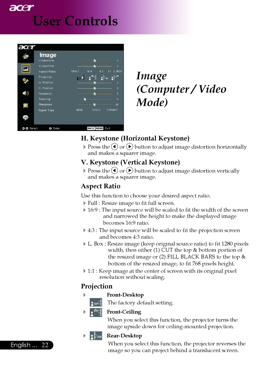 Acer PW730 Image Computer / Video Mode, Keystone Horizontal Keystone, Keystone Vertical Keystone, Aspect Ratio, Projection 