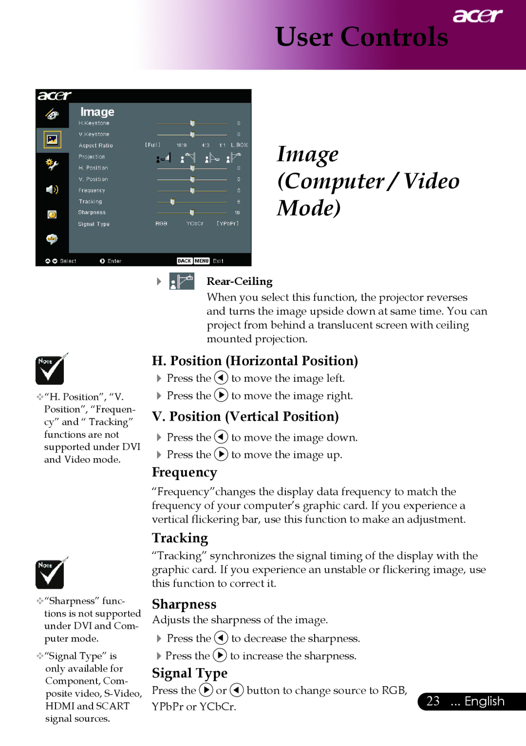 Acer PW730 manual Position Horizontal Position, Position Vertical Position, Frequency, Tracking, Sharpness, Signal Type 