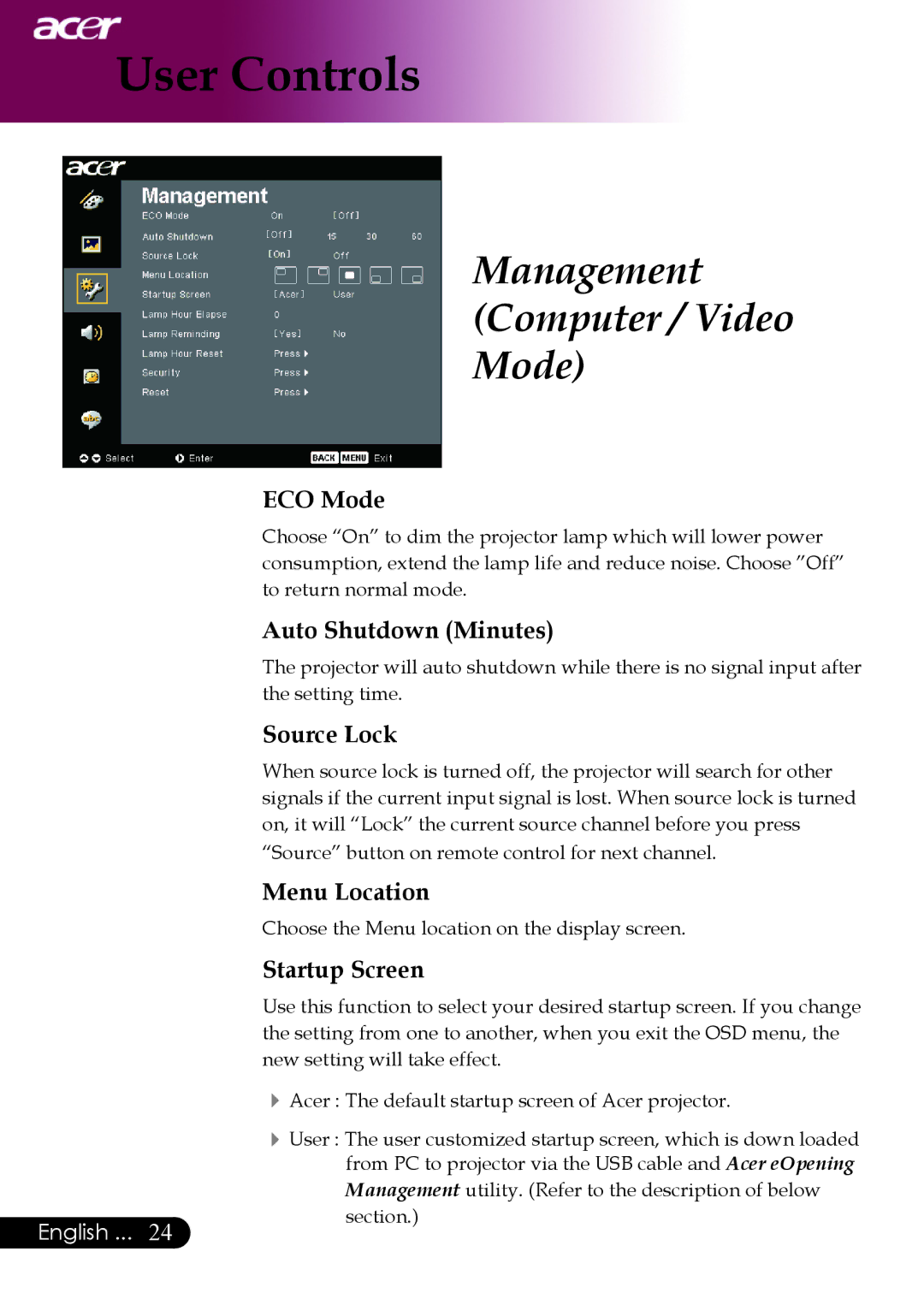 Acer PW730 manual Management Computer / Video Mode 