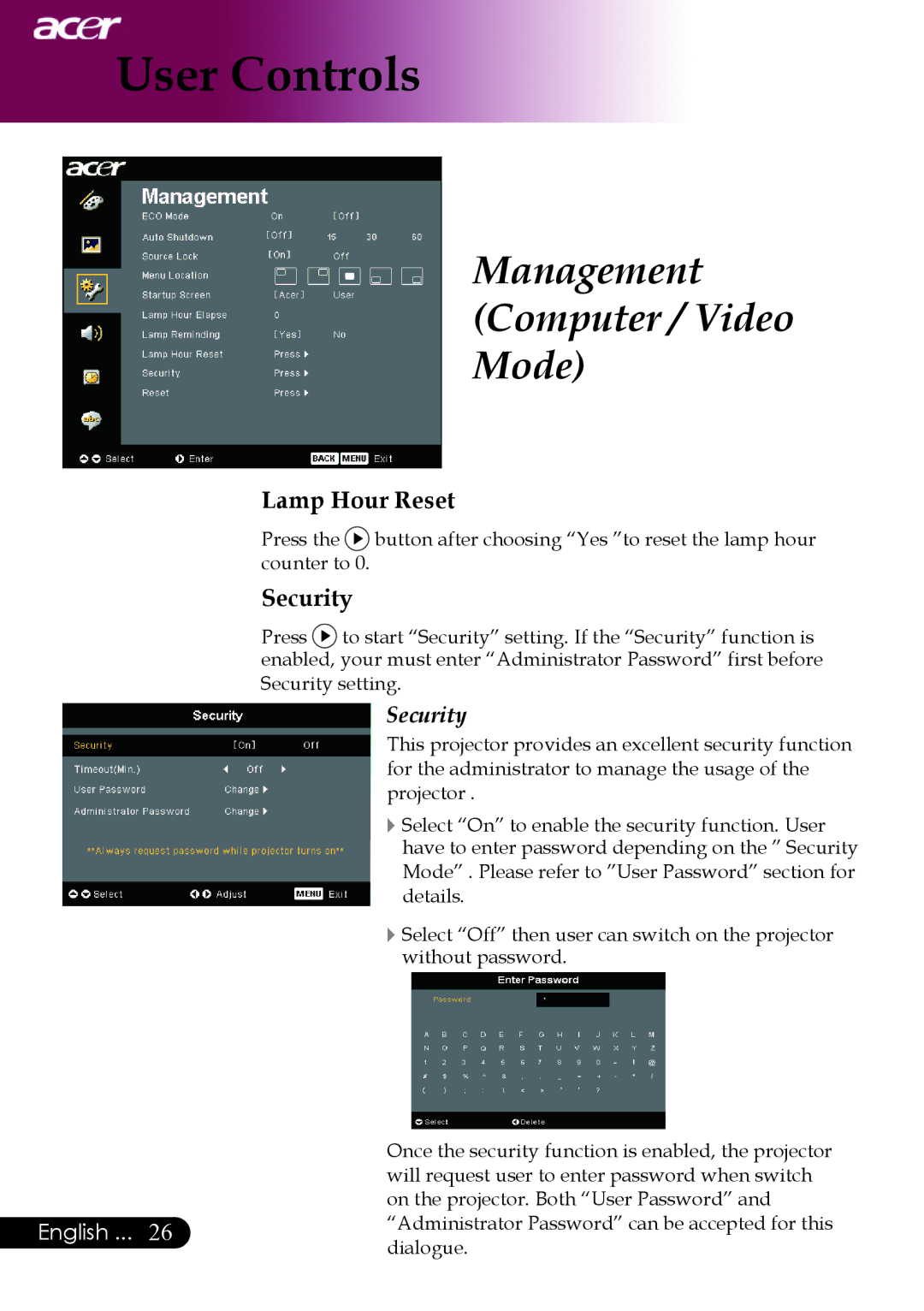 Acer PW730 manual Lamp Hour Reset, Security 