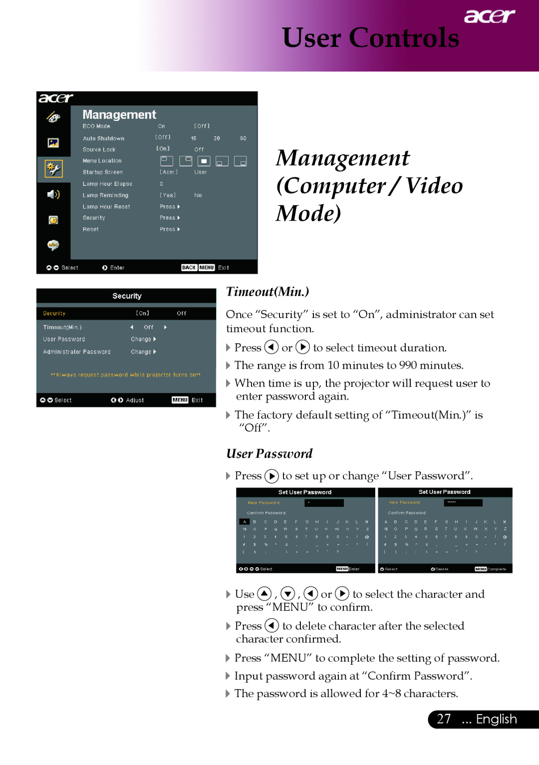 Acer PW730 manual TimeoutMin 