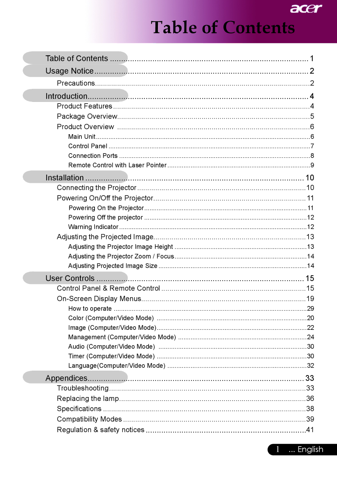 Acer PW730 manual Table of Contents 