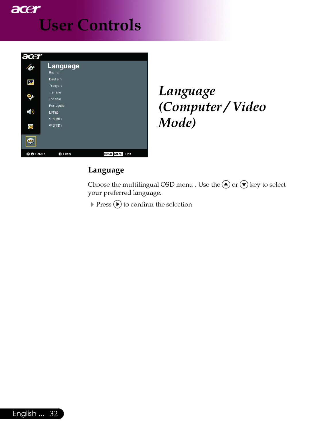 Acer PW730 manual Language Computer / Video Mode 