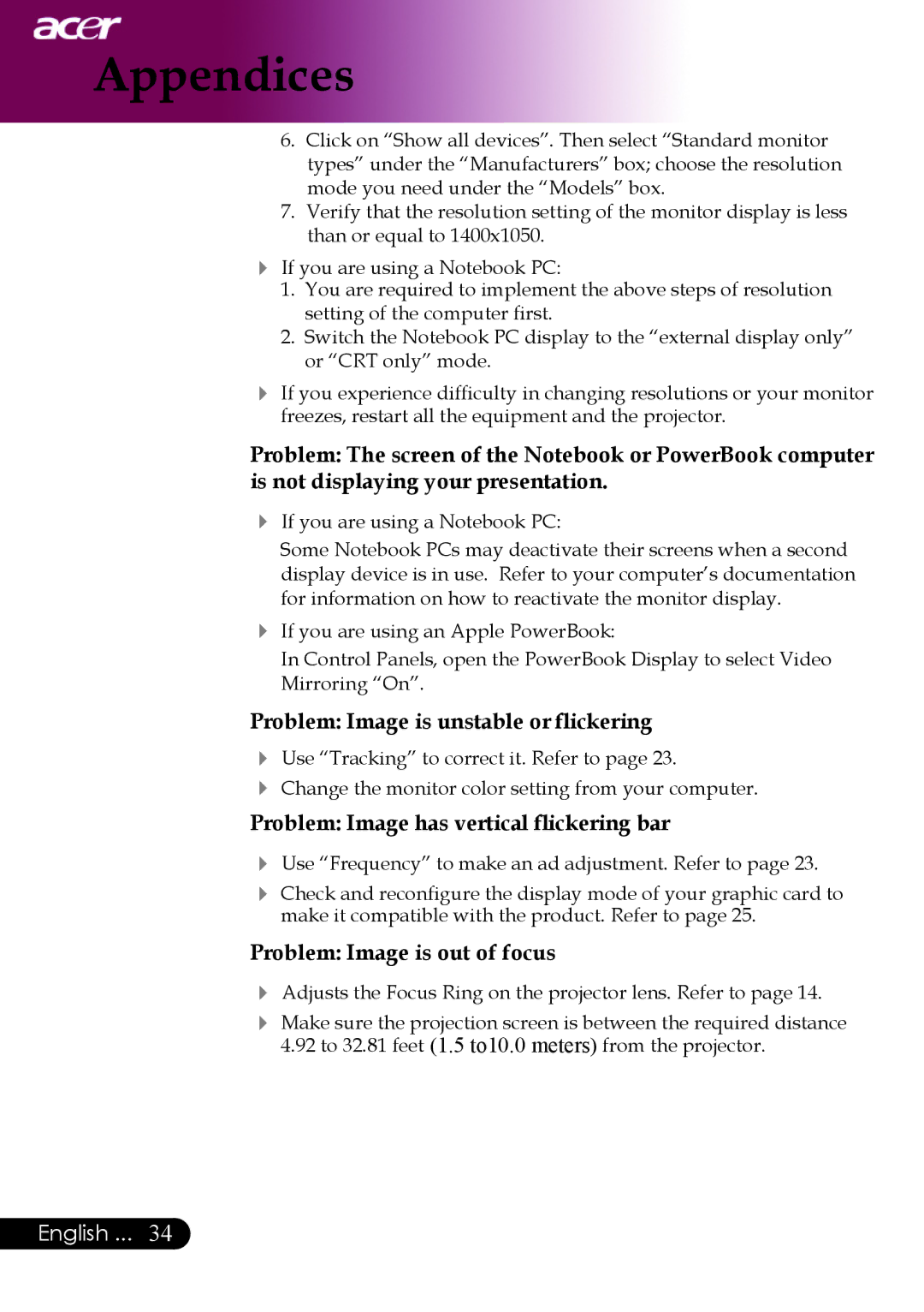 Acer PW730 manual Problem Image is unstable or flickering, Problem Image has vertical flickering bar 