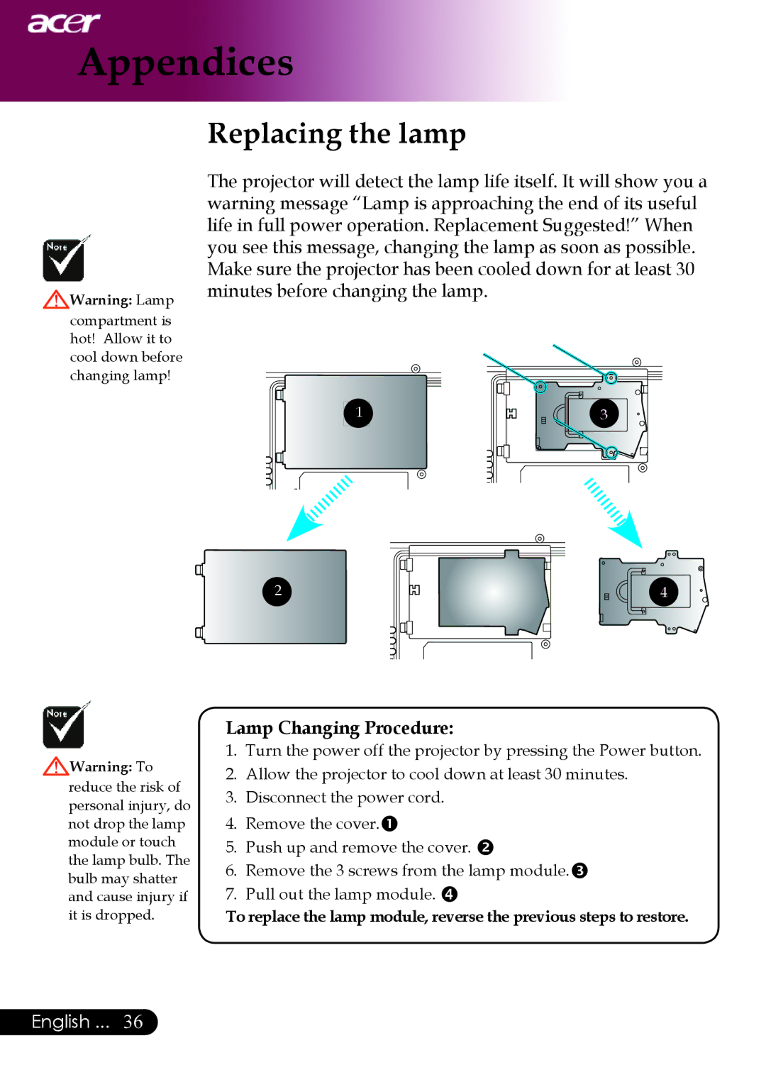 Acer PW730 manual Replacing the lamp, Lamp Changing Procedure 