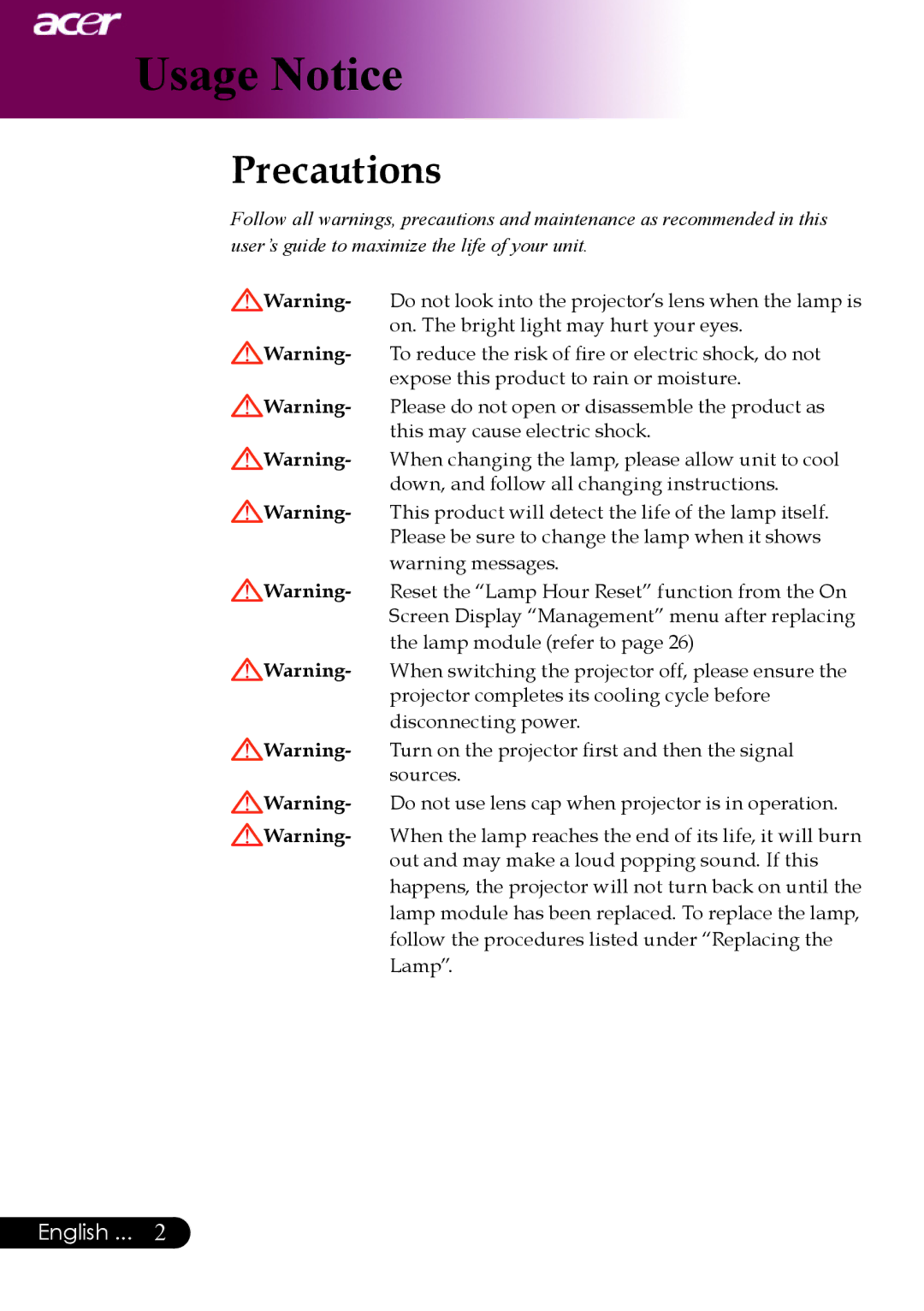 Acer PW730 manual Usage Notice, Precautions 