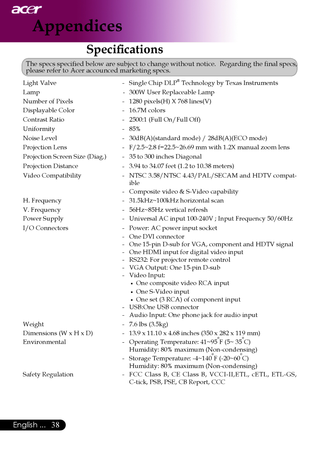 Acer PW730 manual Specifications 