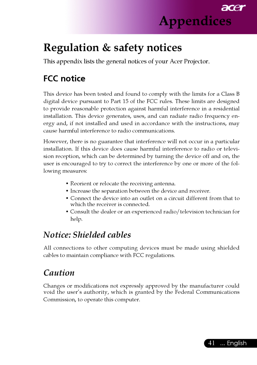 Acer PW730 manual Regulation & safety notices, FCC notice 