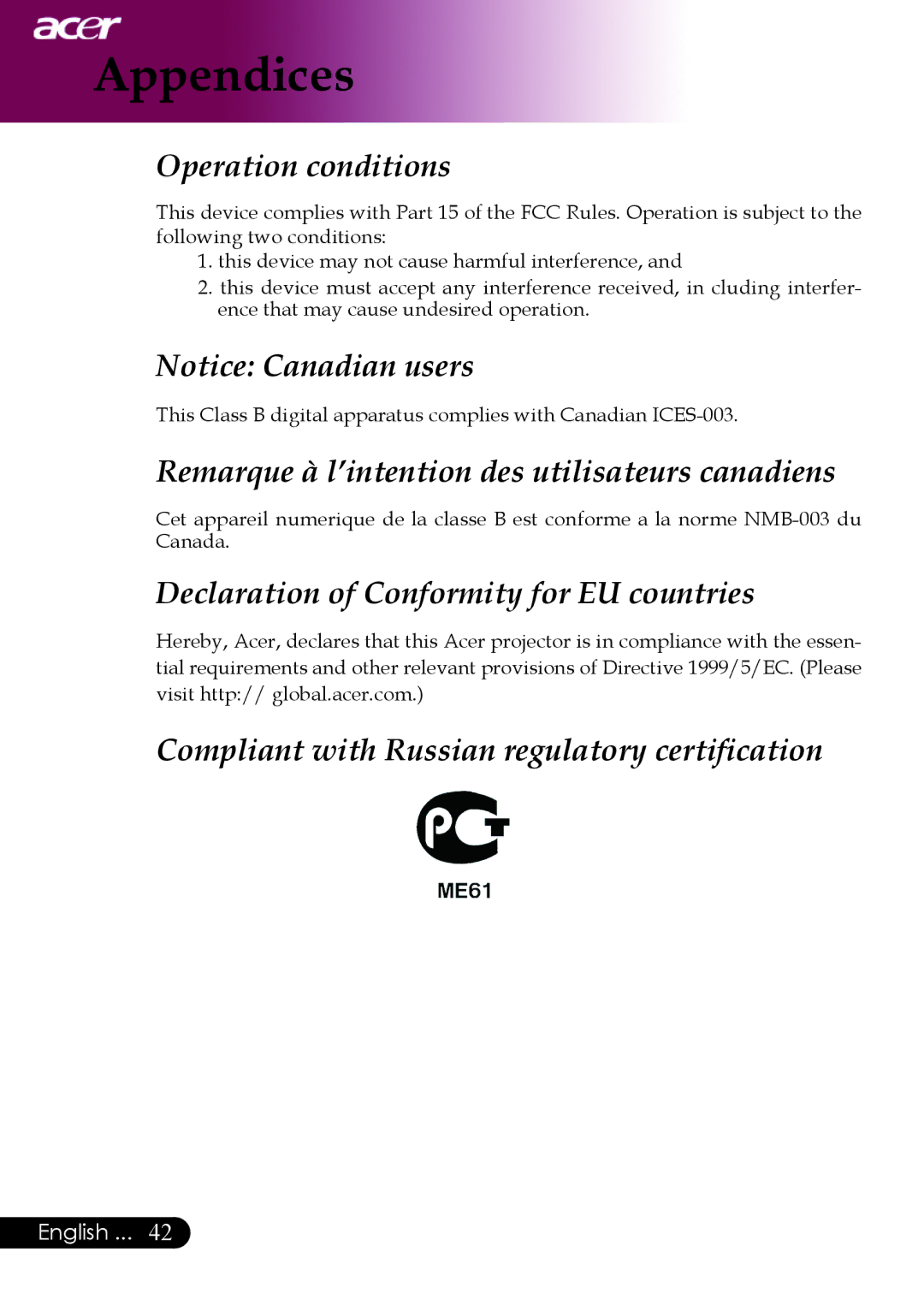 Acer PW730 manual Remarque à l’intention des utilisateurs canadiens 