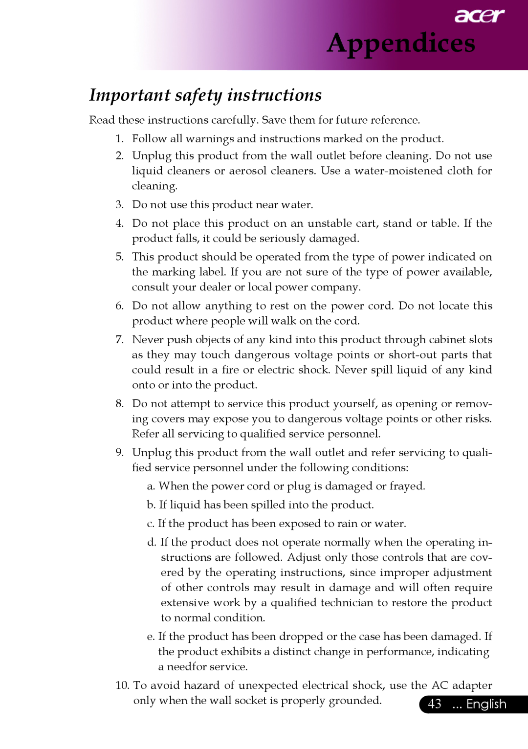 Acer PW730 manual Important safety instructions 