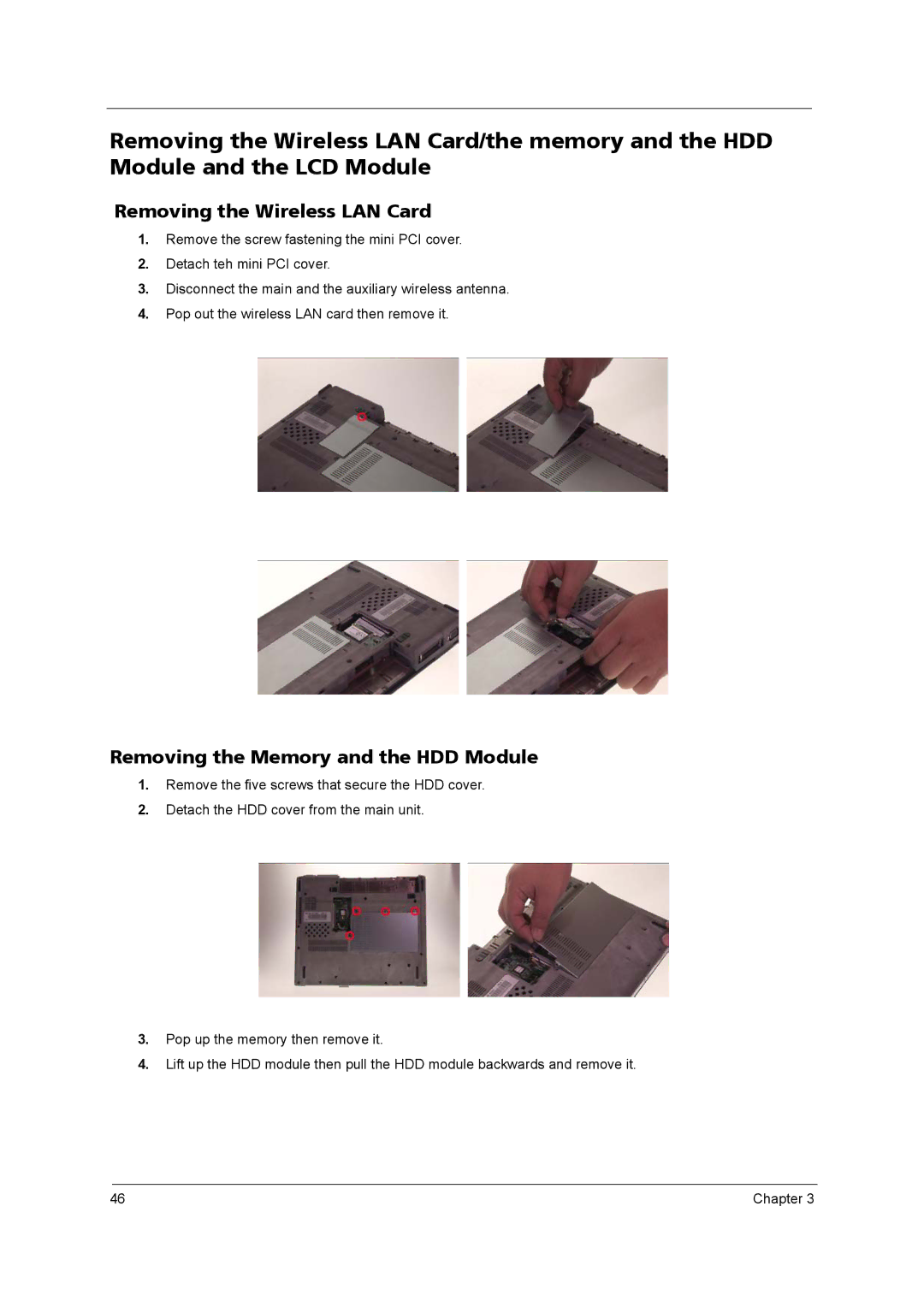 Acer MK4025GAS, QD14TL0102, PLUTO MK6025GAS, KA100A Removing the Wireless LAN Card, Removing the Memory and the HDD Module 