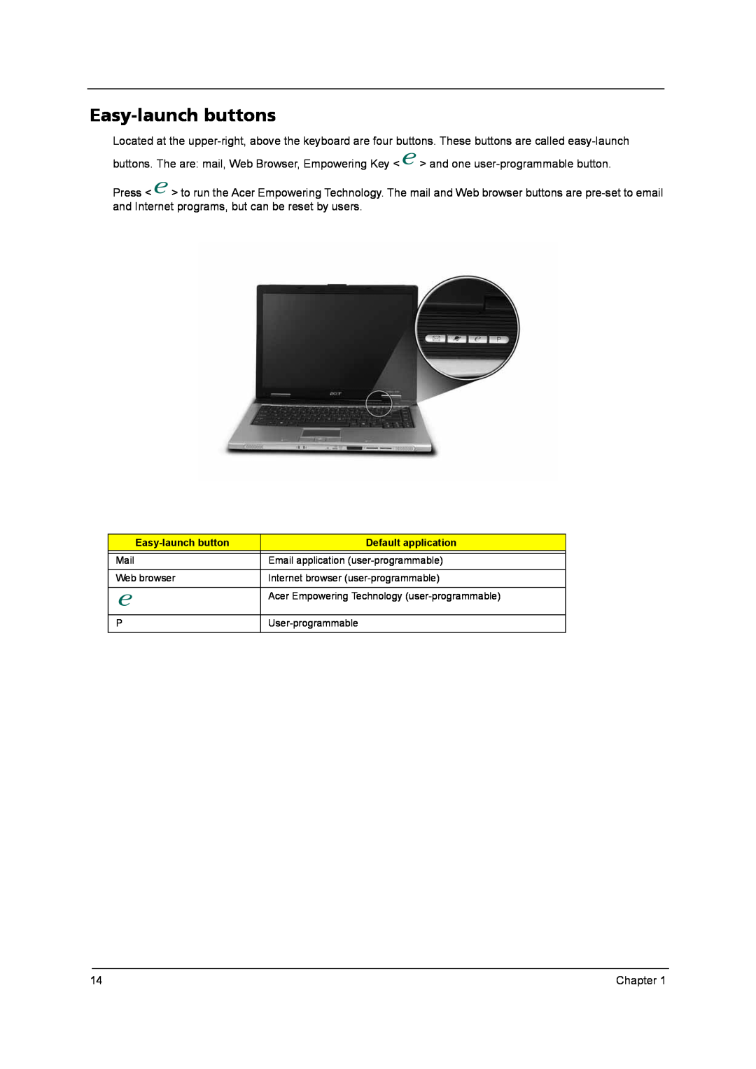 Acer QD14TL0102, PLUTO MK6025GAS, MK4025GAS, N141I1-L05 (GLARE), N141C1-L02 (WXGA+) Easy-launch buttons, Default application 
