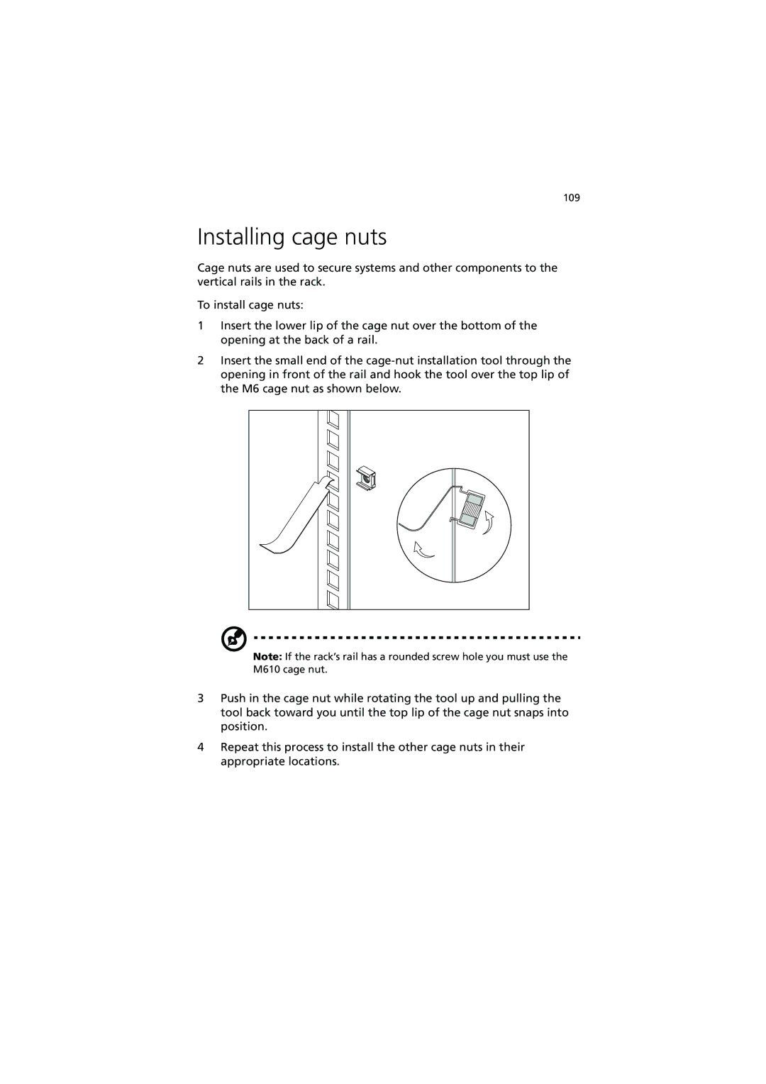 Acer R300 manual Installing cage nuts 