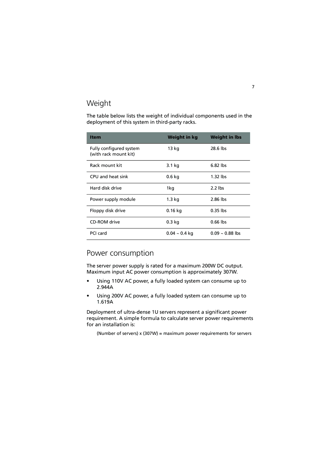 Acer R300 manual Power consumption, Weight in kg Weight in lbs 