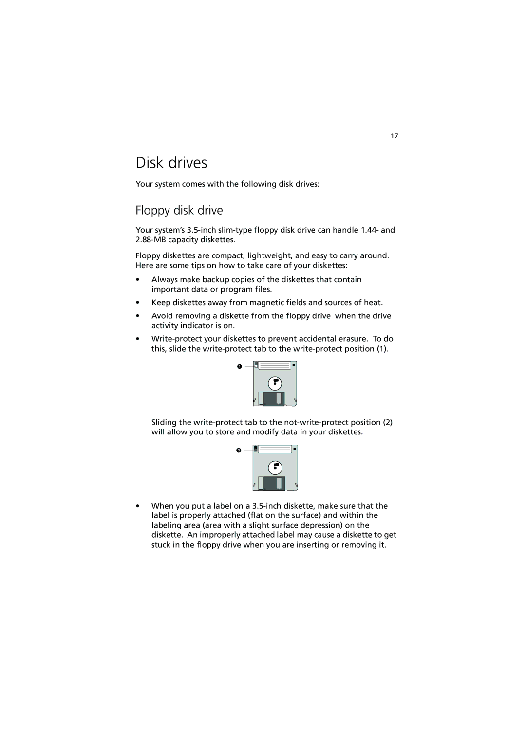 Acer R300 manual Disk drives, Floppy disk drive 