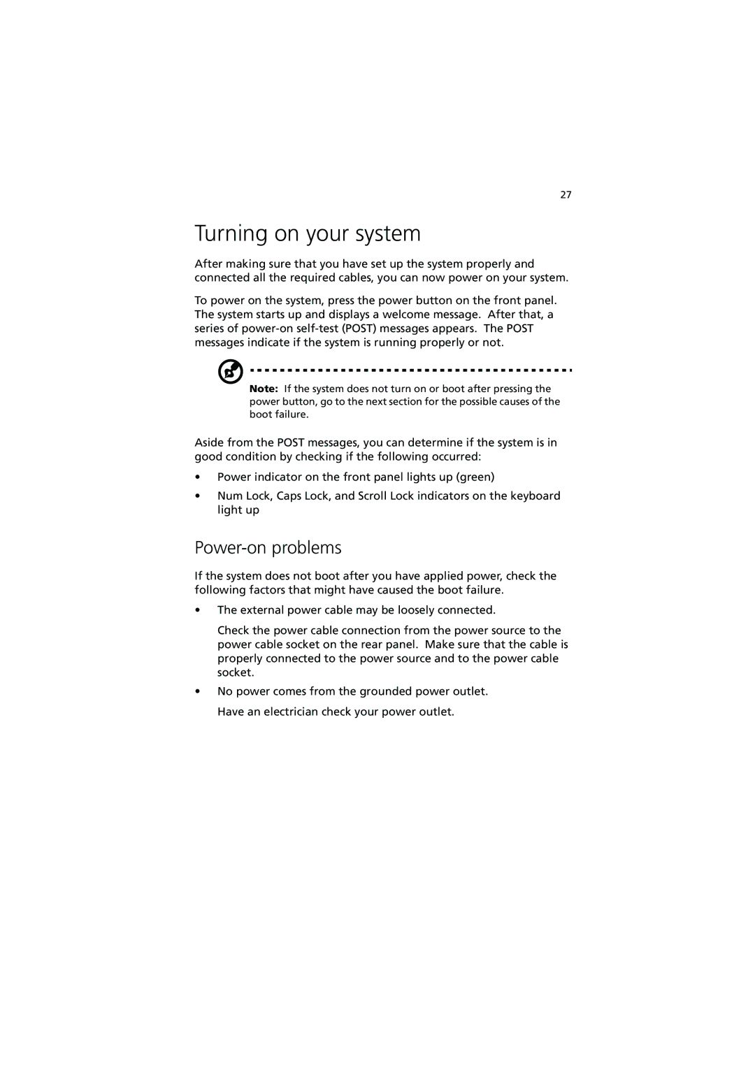 Acer R300 manual Turning on your system, Power-on problems 