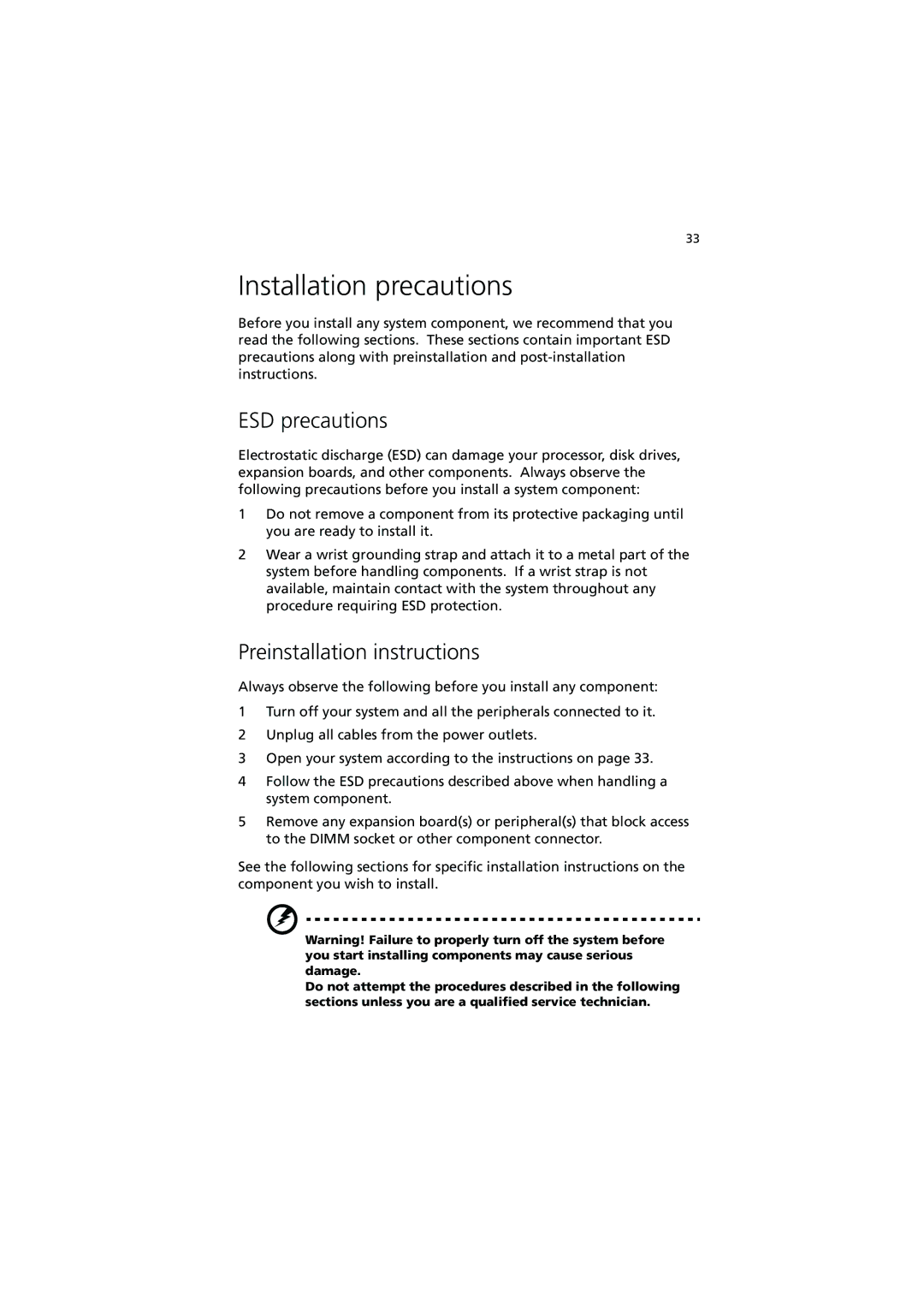 Acer R300 manual Installation precautions, ESD precautions, Preinstallation instructions 