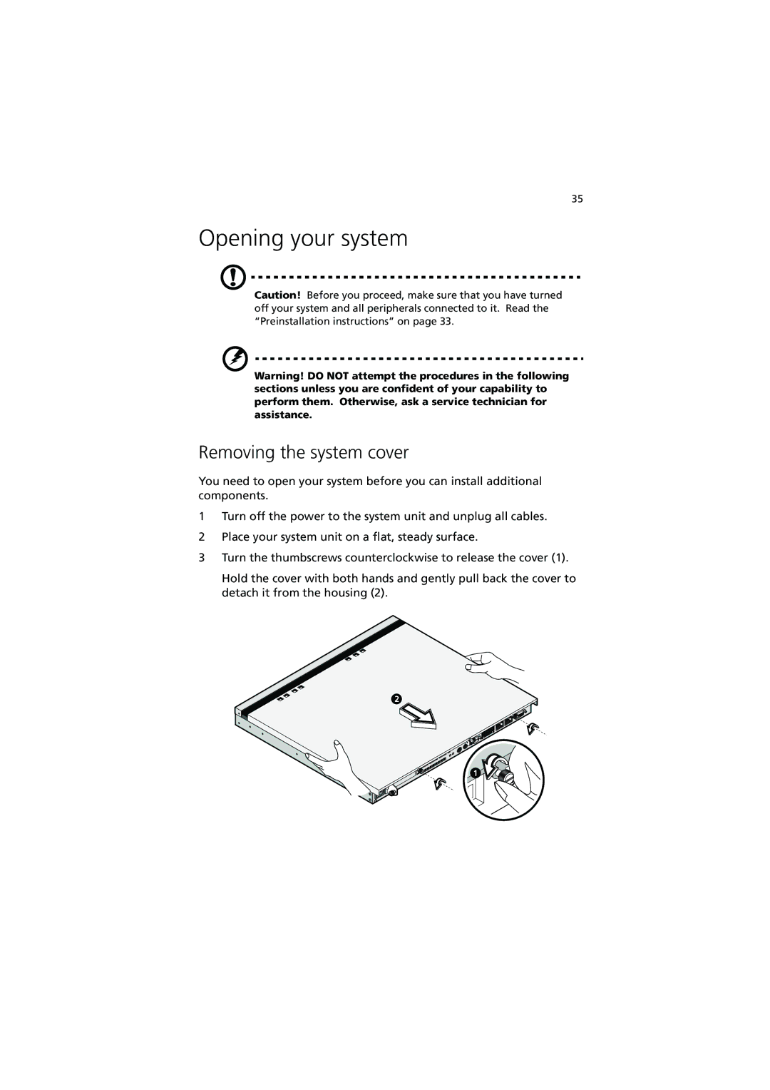 Acer R300 manual Opening your system, Removing the system cover 