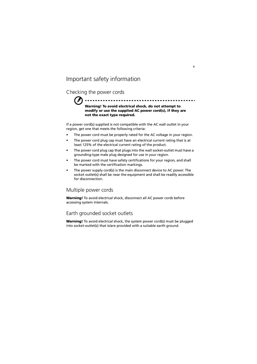 Acer R300 manual Important safety information, Checking the power cords, Multiple power cords Earth grounded socket outlets 