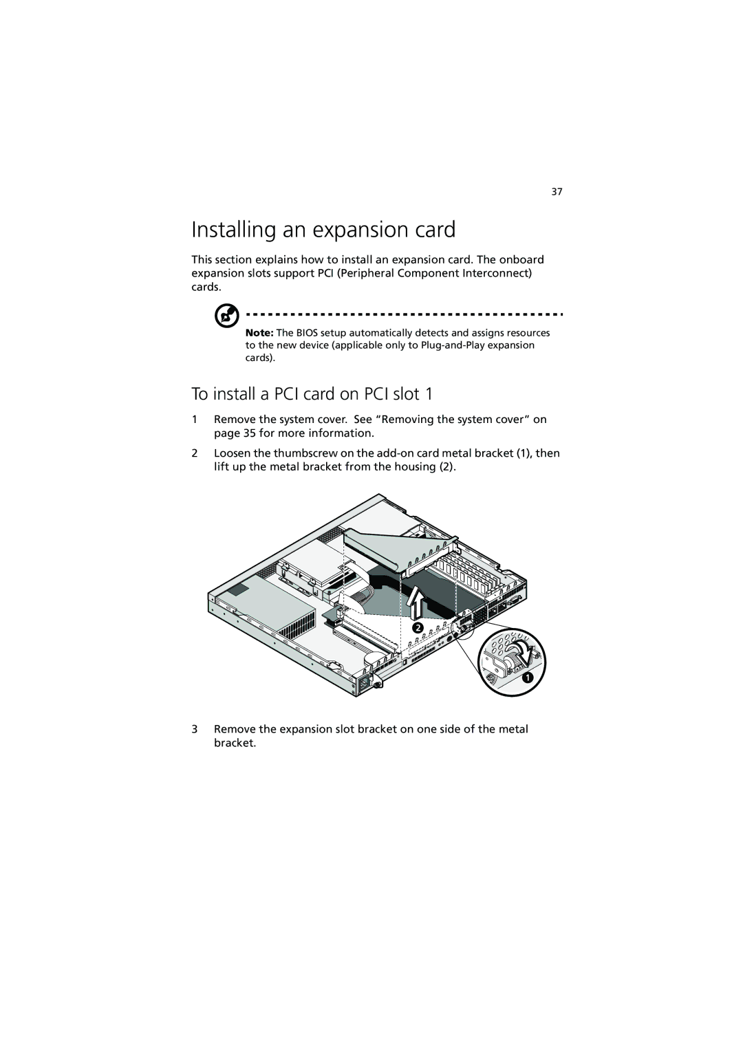 Acer R300 manual Installing an expansion card, To install a PCI card on PCI slot 