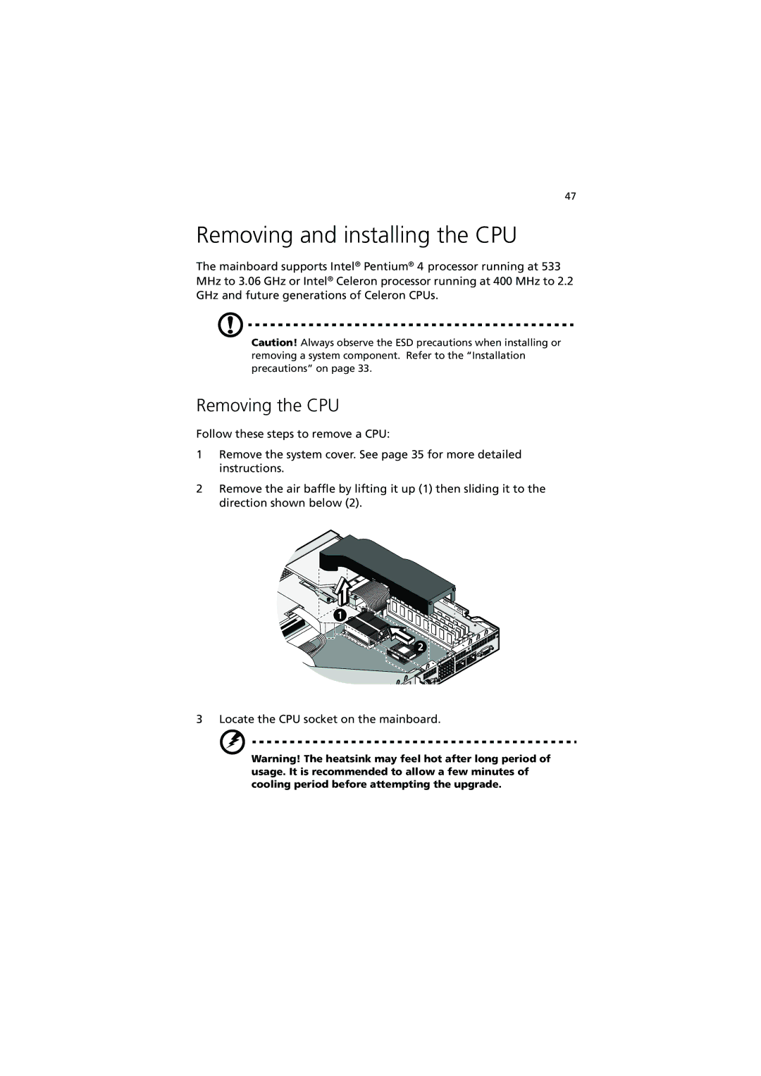 Acer R300 manual Removing and installing the CPU, Removing the CPU 