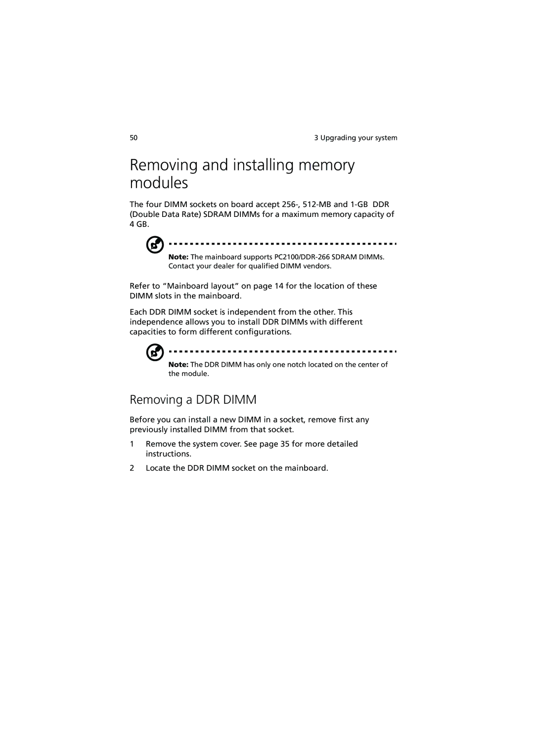 Acer R300 manual Removing and installing memory modules, Removing a DDR Dimm 