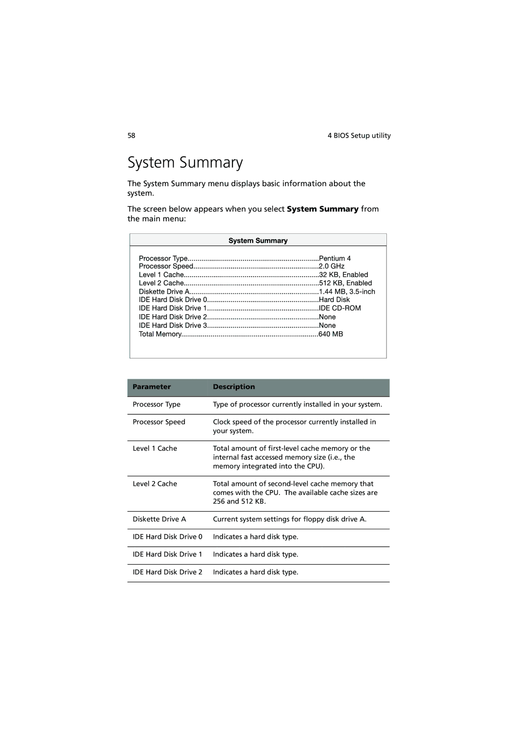 Acer R300 manual System Summary, Parameter Description 