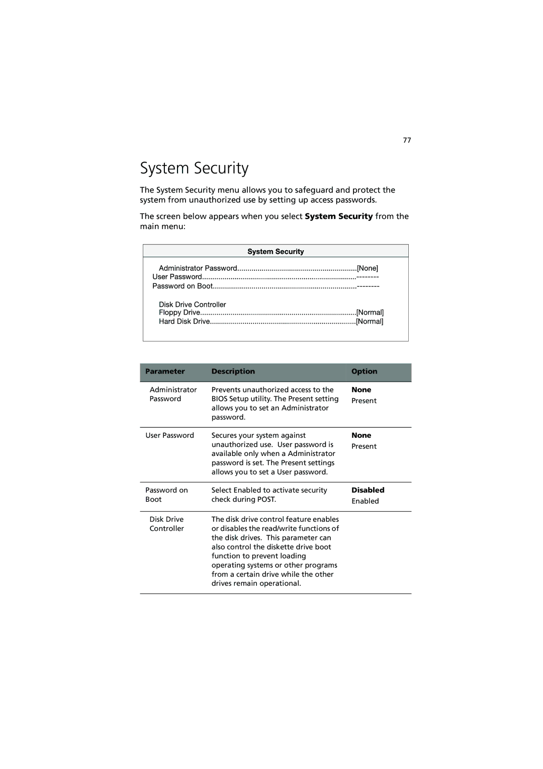 Acer R300 manual System Security, None 