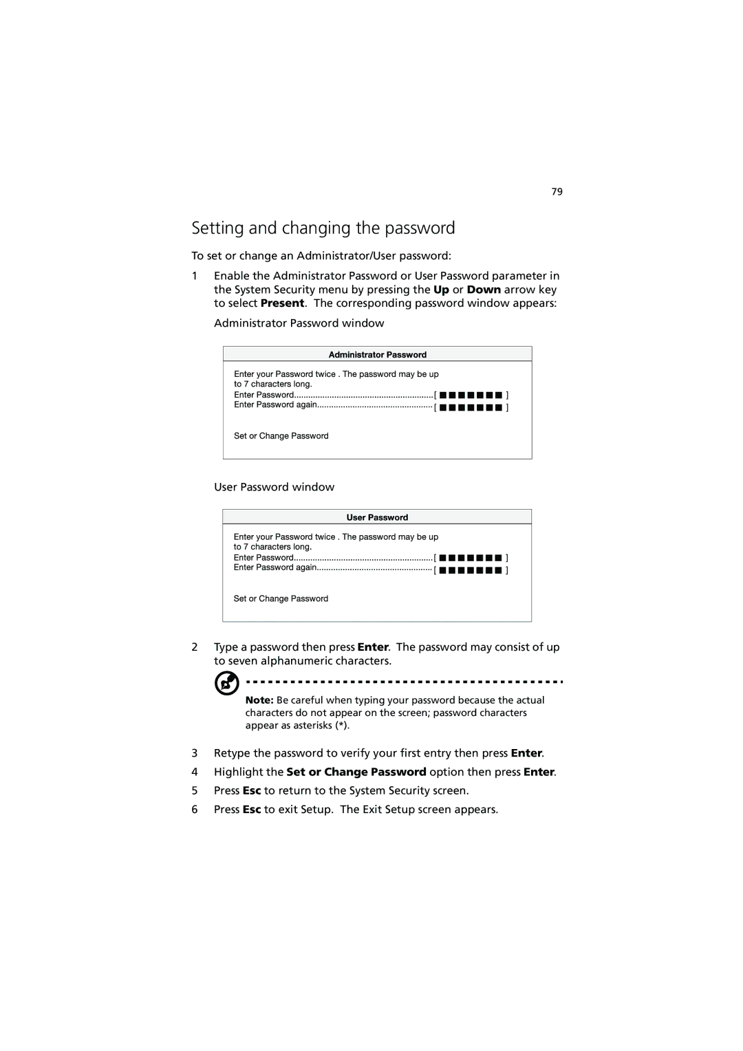 Acer R300 manual Setting and changing the password 