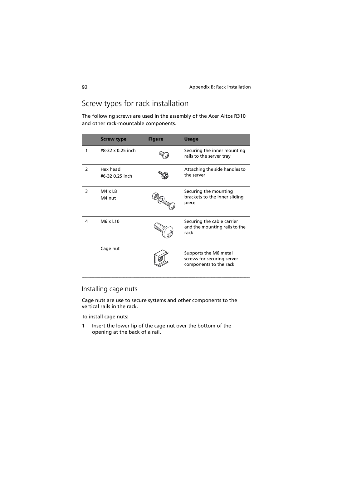 Acer R310 manual Screw types for rack installation, Installing cage nuts 