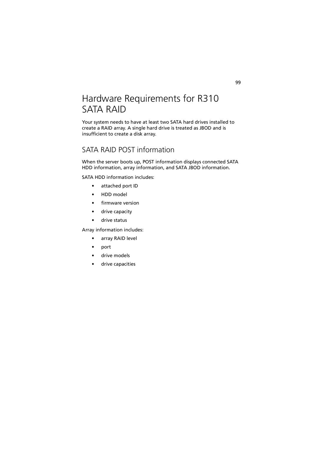 Acer manual Hardware Requirements for R310, Sata RAID Post information 